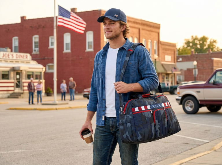 A man standing on a street holding a coffee cup and a bag, with a diner in the background.