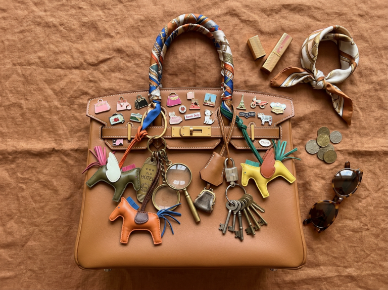 A stylish leather handbag adorned with various colorful charms and accessories on a textured background.