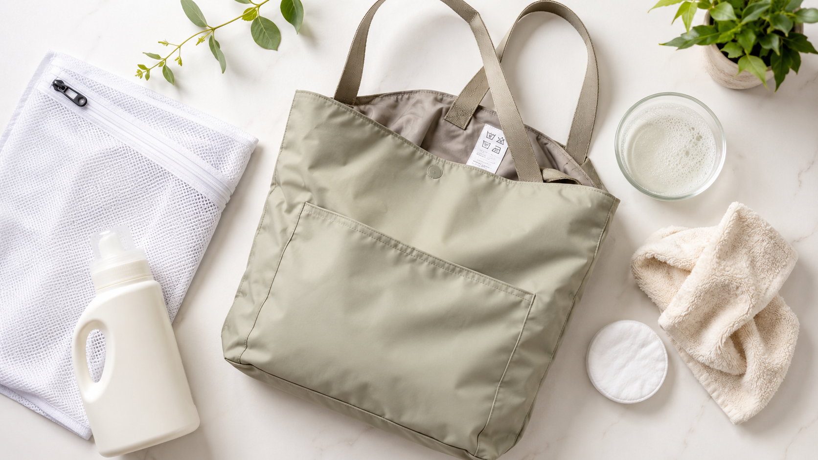A light green tote bag surrounded by a white mesh bag, a bottle, a glass bowl with soap, and a cloth.