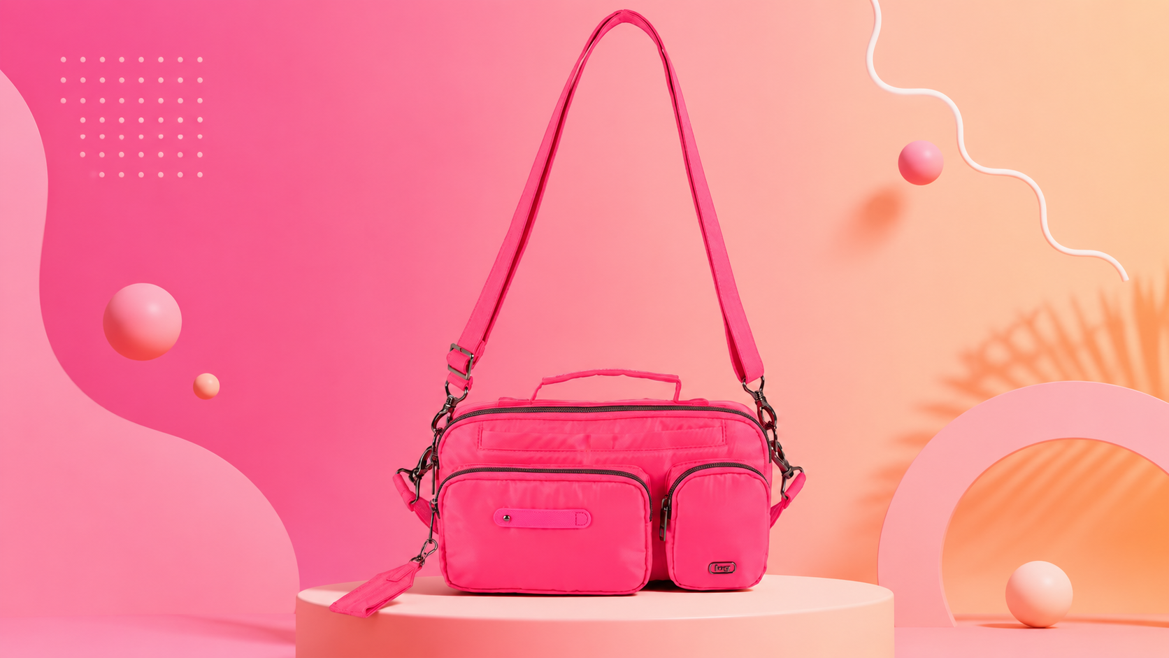 A vibrant pink bag displayed against a pastel gradient background with abstract shapes.